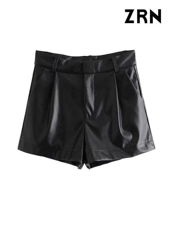 ZRN-Women's Faux Leather Shorts with Side Pockets, High Waist, Zipper Fly, Female Short Pants, Chic Fashion - Image 3