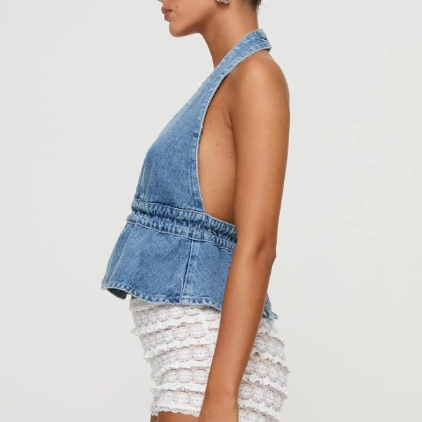 Combhasaki Women's Y2K Summer Halter Neck Crop Tops Bow Tie-up Sleeveless Deep V-Neck Backless Solid Color Denim Flare Vest - Image 5
