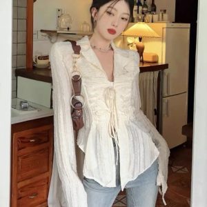 Fairycore Lace Up Blouse Women Long Sleeve New Turn Down Collar Shirts Feminina Ladies Cropped Tops Korean Fashion Chic
