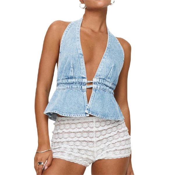 Combhasaki Women's Y2K Summer Halter Neck Crop Tops Bow Tie-up Sleeveless Deep V-Neck Backless Solid Color Denim Flare Vest - Image 7