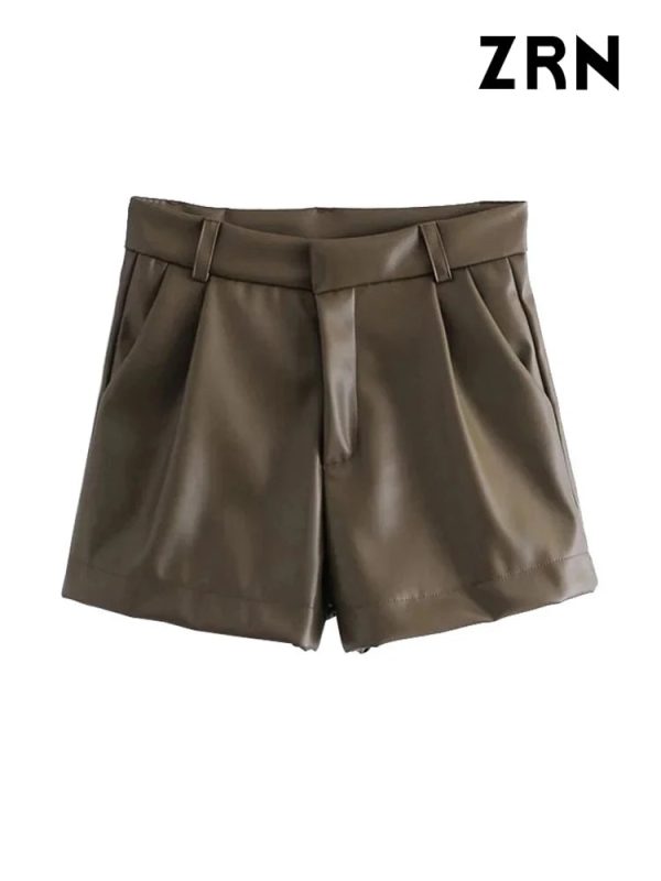 ZRN-Women's Faux Leather Shorts with Side Pockets, High Waist, Zipper Fly, Female Short Pants, Chic Fashion - Image 2