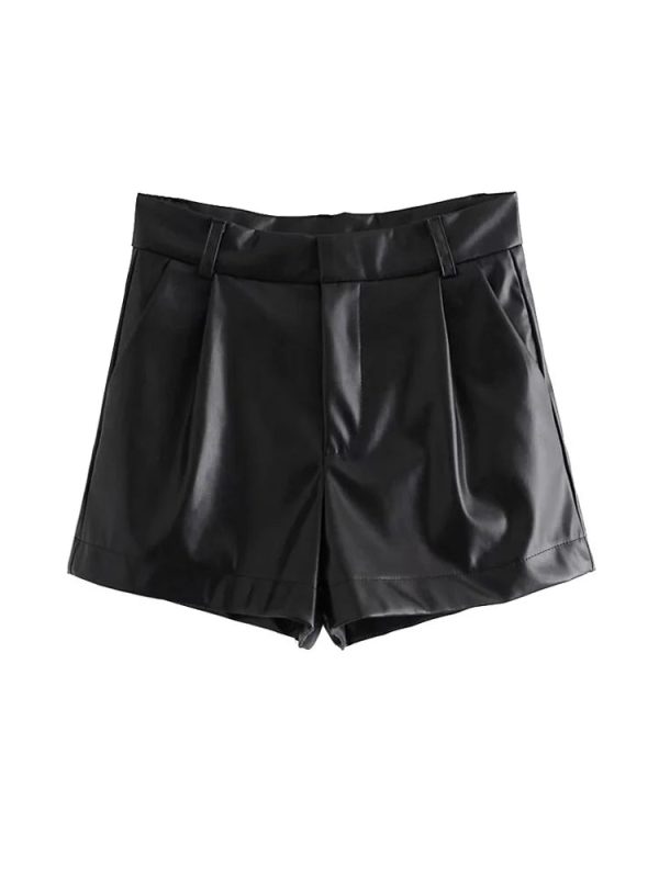 ZRN-Women's Faux Leather Shorts with Side Pockets, High Waist, Zipper Fly, Female Short Pants, Chic Fashion - Image 7