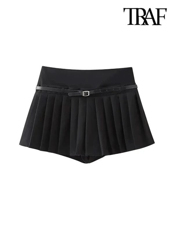 TRAF-Pleated Shorts Skirts for Women With Belt, Side Zipper, Mid Waist, Female Skort, Chic Fashion - Image 4