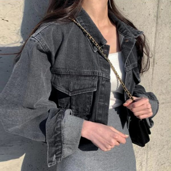 复古时尚短款无袖牛仔夹克金属单扣宽松长袖短款女式时尚秋季外套 - Image 6