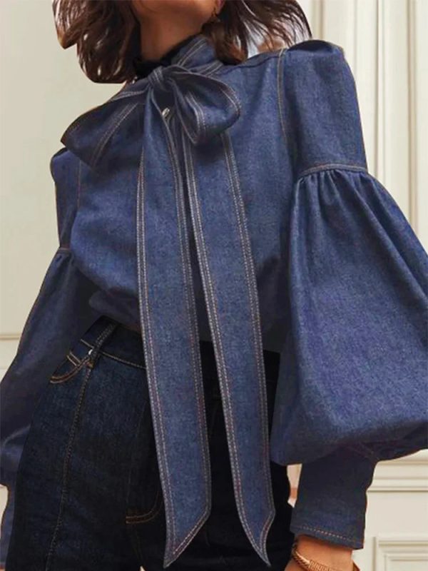 Gymystars New Trendy Imitation Denim Blouse Tops for Women Long Puff Sleeves Bow-Embellished High Neck Women's Autumn Shirts - Image 2