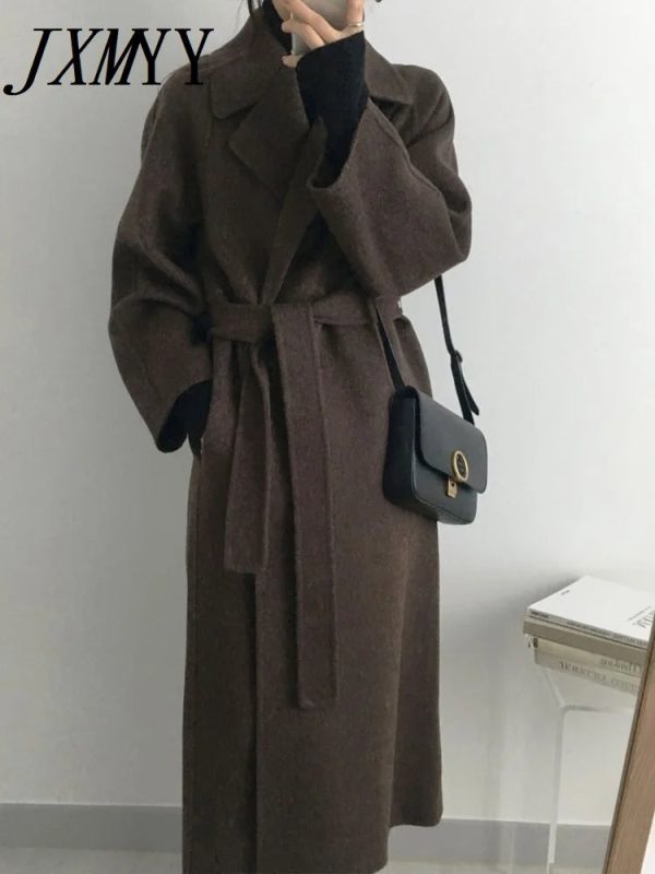 JXMYY French Lazy Style Warm Female Fresh Winter 2024 Classical Belt Retro Loose Women Woolen Coats Chic Casual Long Coat Long - Image 3